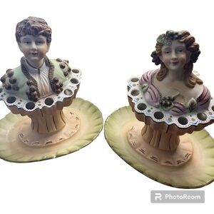 Pair of RARE Bisque Figural Boy and Girl 1920’s Porcelain Cigarette Holder. R…